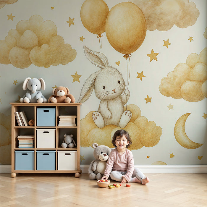 Tapeta s králikom a balónmi | Dekorácia pre detskú izbu plnú snov