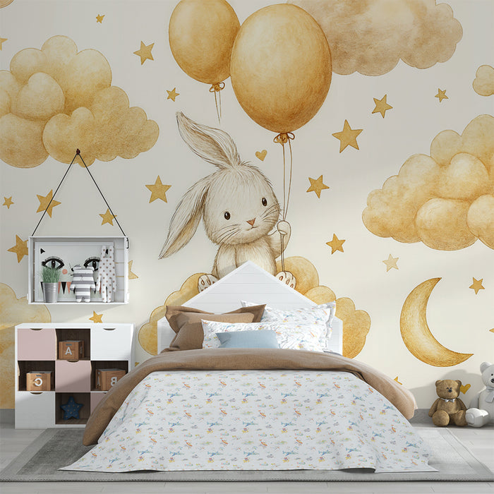 Tapeta s králikom a balónmi | Dekorácia pre detskú izbu plnú snov