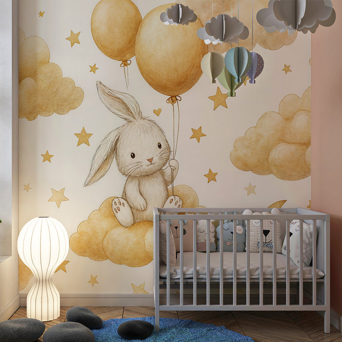 Tapeta s králikom a balónmi | Dekorácia pre detskú izbu plnú snov