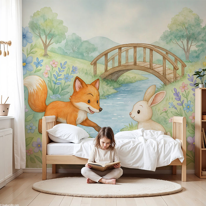 Papel pintado infantil | Acuarela zorro y conejo