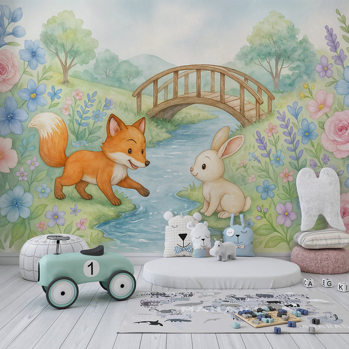 Papel pintado infantil | Acuarela zorro y conejo