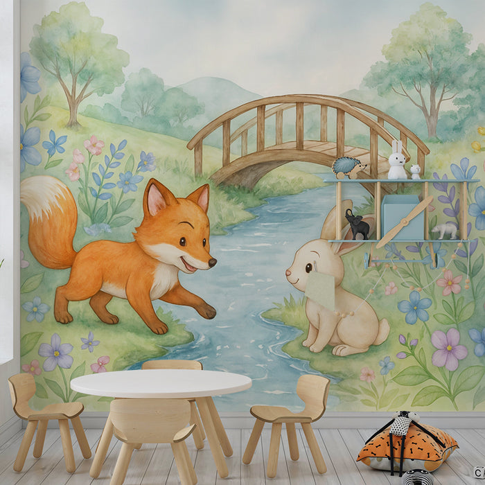 Papel pintado infantil | Acuarela zorro y conejo
