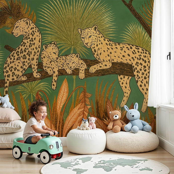 Papier peint chambre enfant | Léopards et feuillage exotique