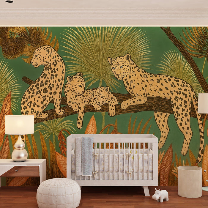Papier peint chambre enfant | Léopards et feuillage exotique