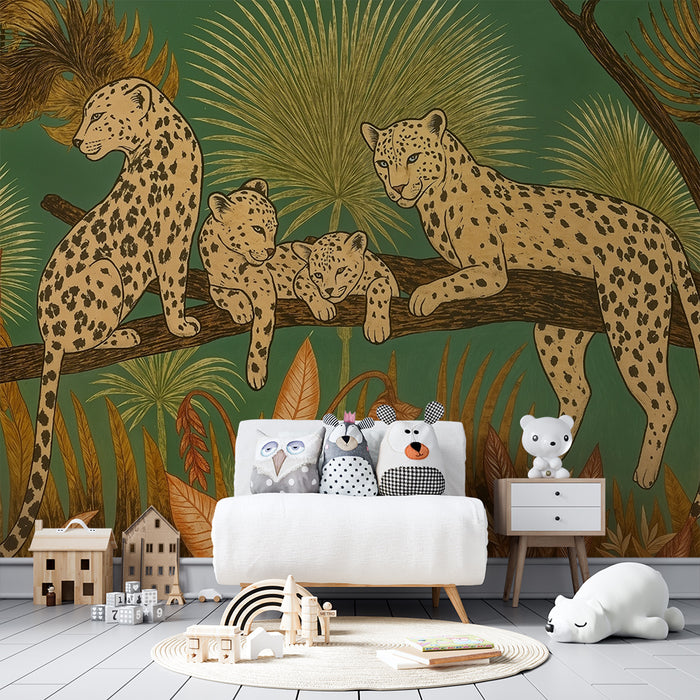 Papier peint chambre enfant | Léopards et feuillage exotique