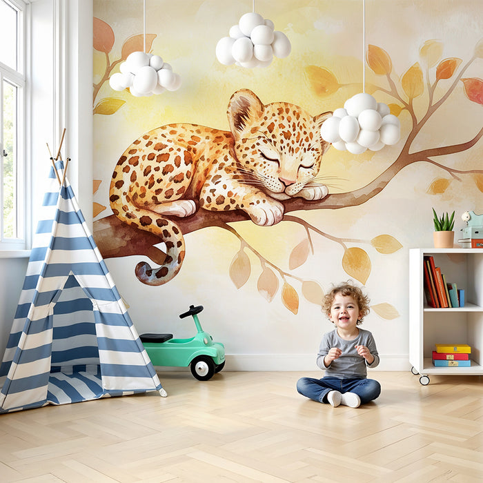 Barntapet | Liten sovande leopard på en gren