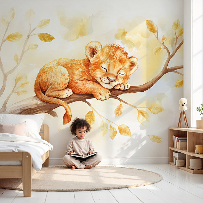Nursery room wallpaper | Dreamy lion cub on branch