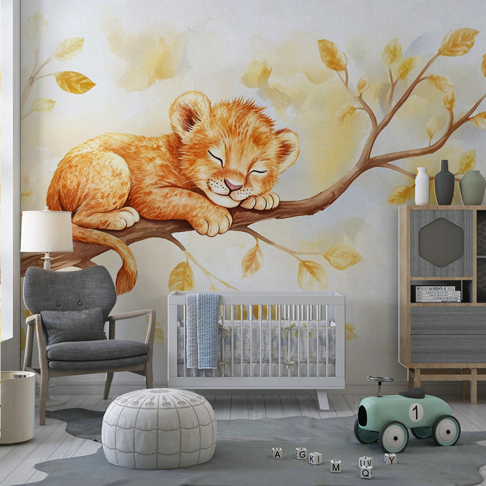 Nursery room wallpaper | Dreamy lion cub on branch