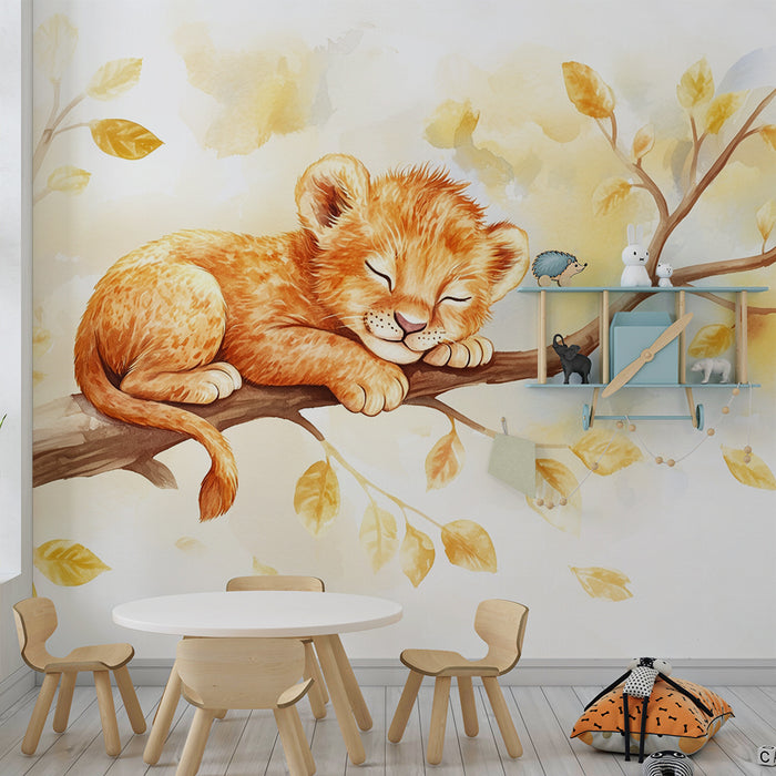 Nursery room wallpaper | Dreamy lion cub on branch