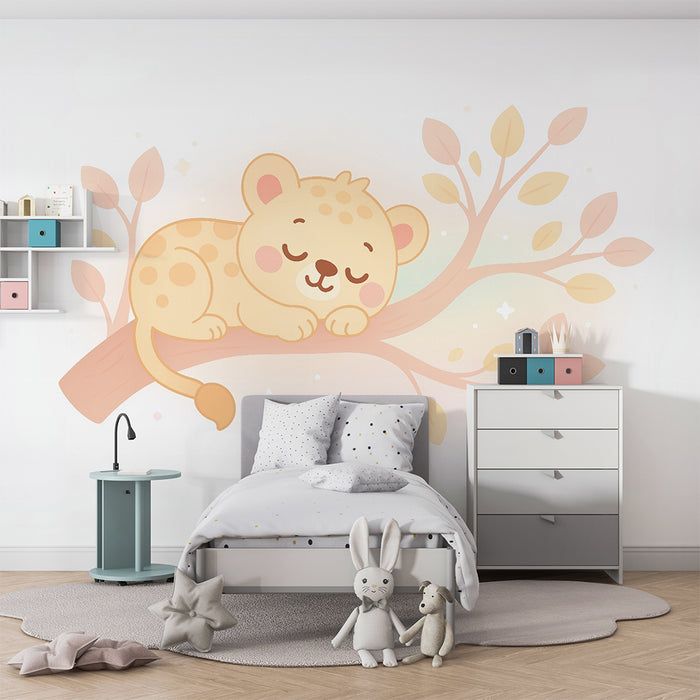 Lastenhuoneen tapetti | Pieni uninen leopardi puussa