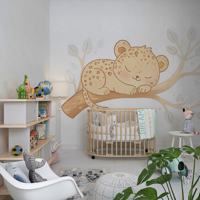 Lastenhuoneen tapetti | Pieni uninen leopardi oksalla