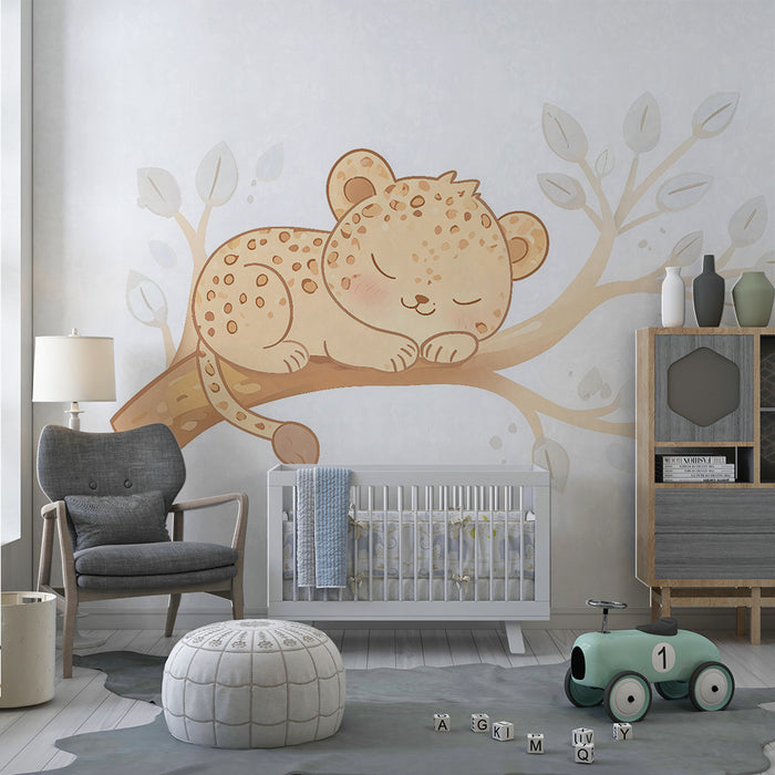 Lastenhuoneen tapetti | Pieni uninen leopardi oksalla