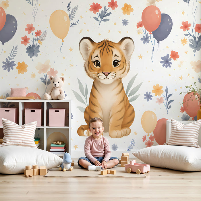 Lastenhuoneen tapetti | Iloinen tiikeri ja värikkäät ilmapallot