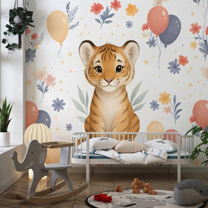 Lastenhuoneen tapetti | Iloinen tiikeri ja värikkäät ilmapallot