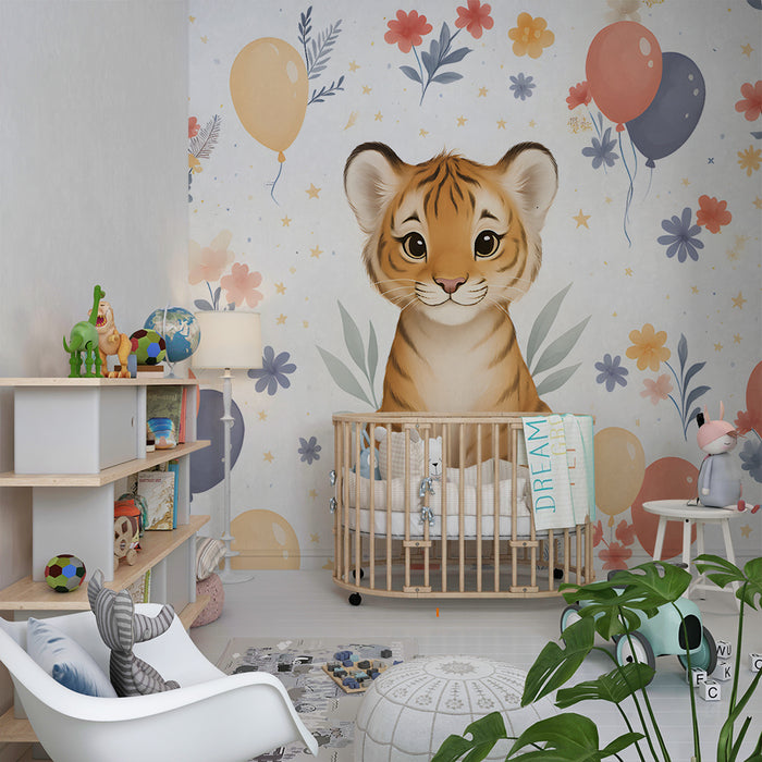 Lastenhuoneen tapetti | Iloinen tiikeri ja värikkäät ilmapallot