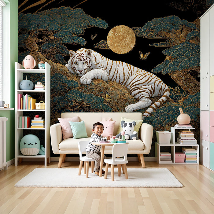 Χαρτί τοίχου παιδικού δωματίου | Ματωμένη τίγρης κάτω από τον επιβλητικό χρυσό φεγγάρι