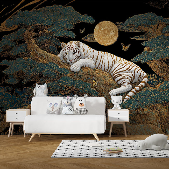 Χαρτί τοίχου παιδικού δωματίου | Ματωμένη τίγρης κάτω από τον επιβλητικό χρυσό φεγγάρι