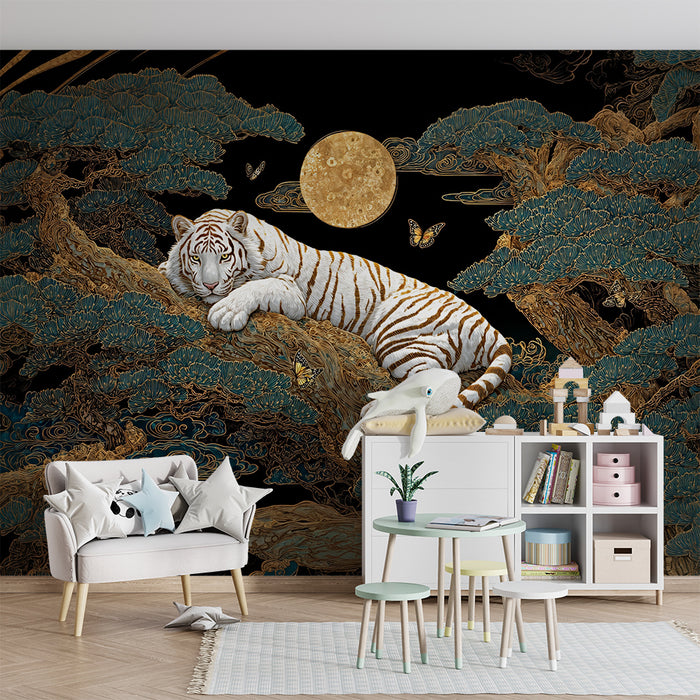 Χαρτί τοίχου παιδικού δωματίου | Ματωμένη τίγρης κάτω από τον επιβλητικό χρυσό φεγγάρι