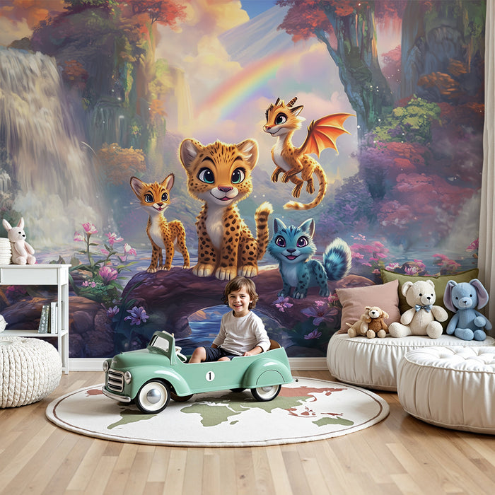 Lastenhuoneen tapetti | Fantastiset eläimet ja lumoava vesiputous