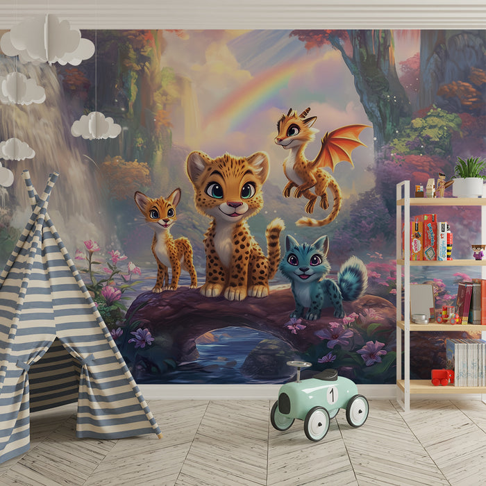 Lastenhuoneen tapetti | Fantastiset eläimet ja lumoava vesiputous