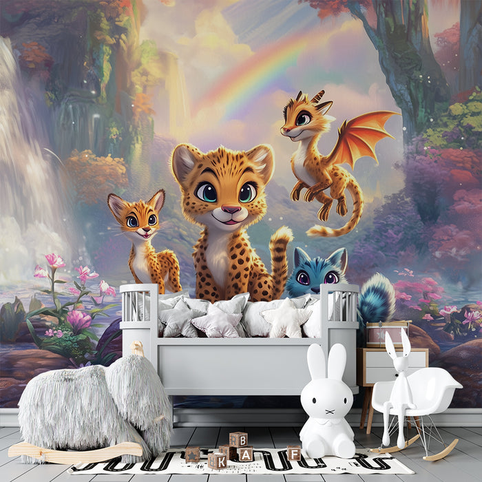 Lastenhuoneen tapetti | Fantastiset eläimet ja lumoava vesiputous