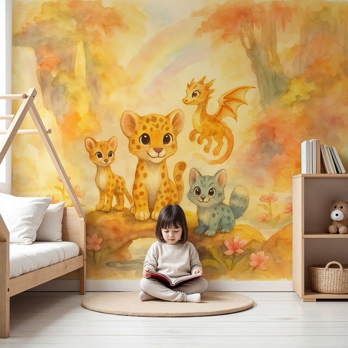 Lastenhuoneen tapetti | Fantasiaeläimet ja sateenkaari