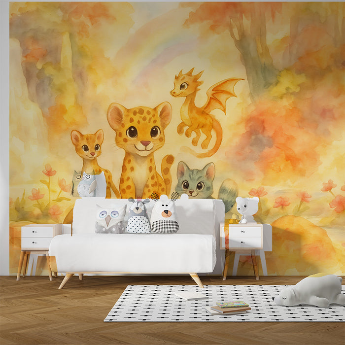 Lastenhuoneen tapetti | Fantasiaeläimet ja sateenkaari