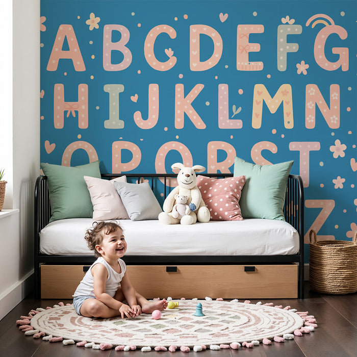 Barntapet | Pastellalfabet och blå blommönster