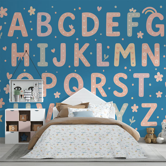 Barntapet | Pastellalfabet och blå blommönster
