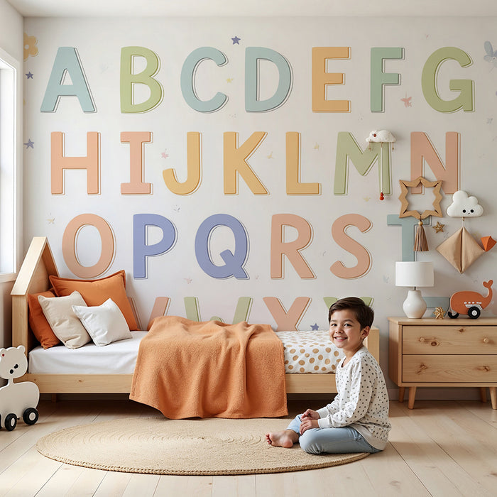 Barntapet | Pastellalfabet och glada blommor