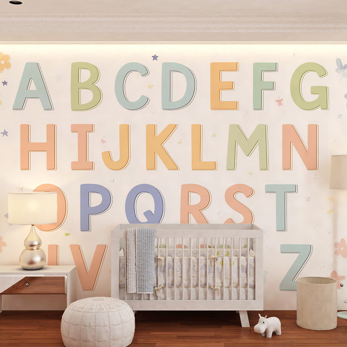 Barntapet | Pastellalfabet och glada blommor