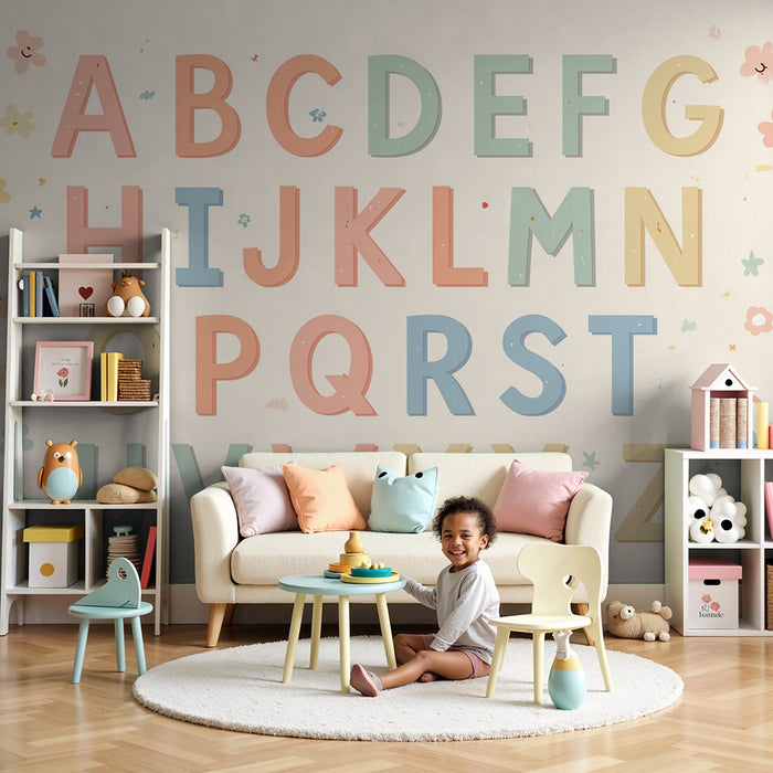 Barntapet | Pastellalfabet och delikata blommor