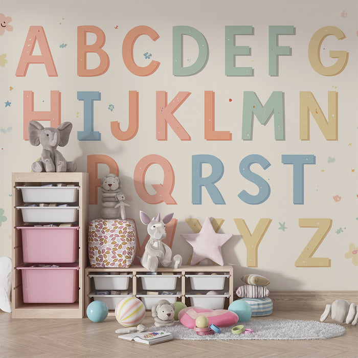 Barntapet | Pastellalfabet och delikata blommor