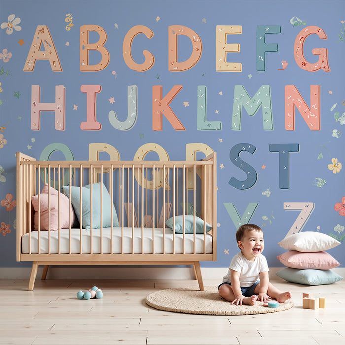 Barntapet | Färgglatt alfabet och delikata blommor på blå bakgrund