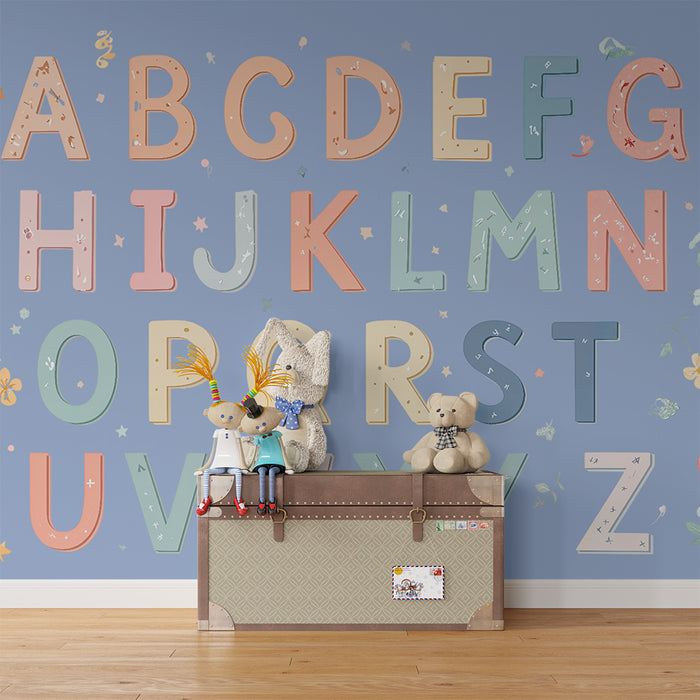 Barntapet | Färgglatt alfabet och delikata blommor på blå bakgrund