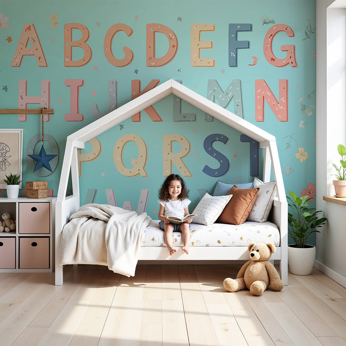 Barntapet | Färgglatt alfabet och delikata blå blommor