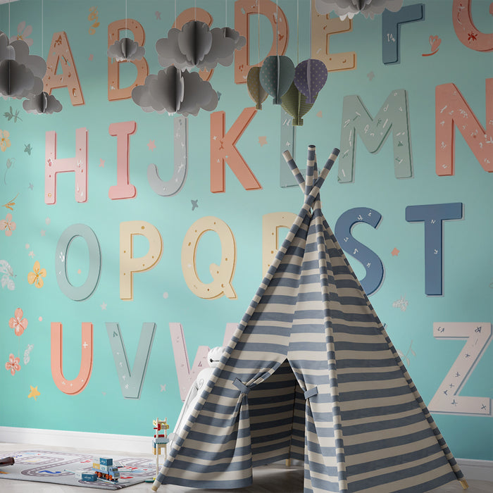 Barntapet | Färgglatt alfabet och delikata blå blommor