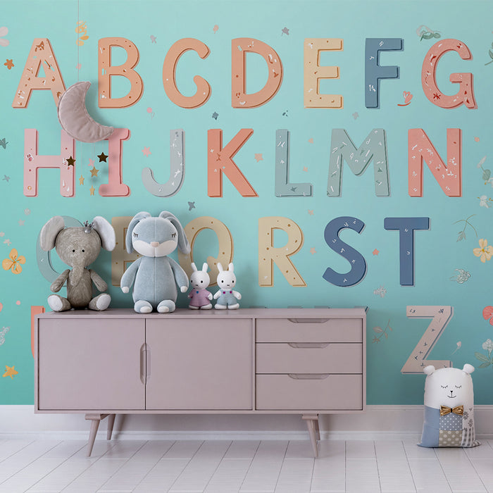Barntapet | Färgglatt alfabet och delikata blå blommor