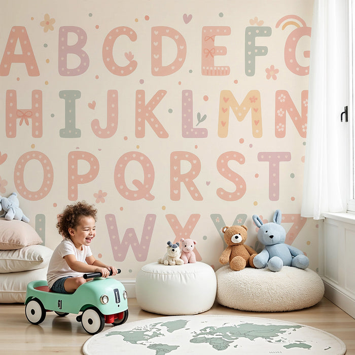 Papel pintado infantil | Alfabeto pastel y motivos florales
