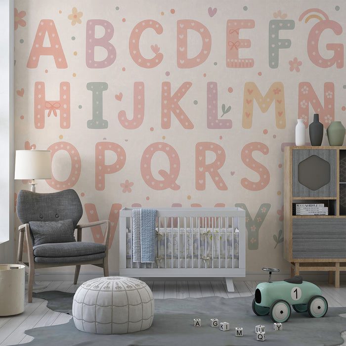 Papel pintado infantil | Alfabeto pastel y motivos florales