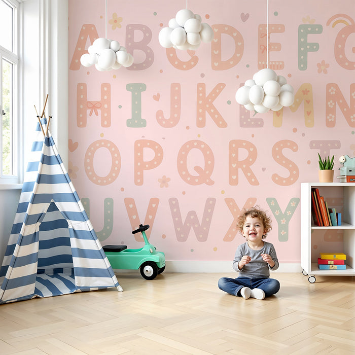 Barntapet | Pastellalfabet och blommönster