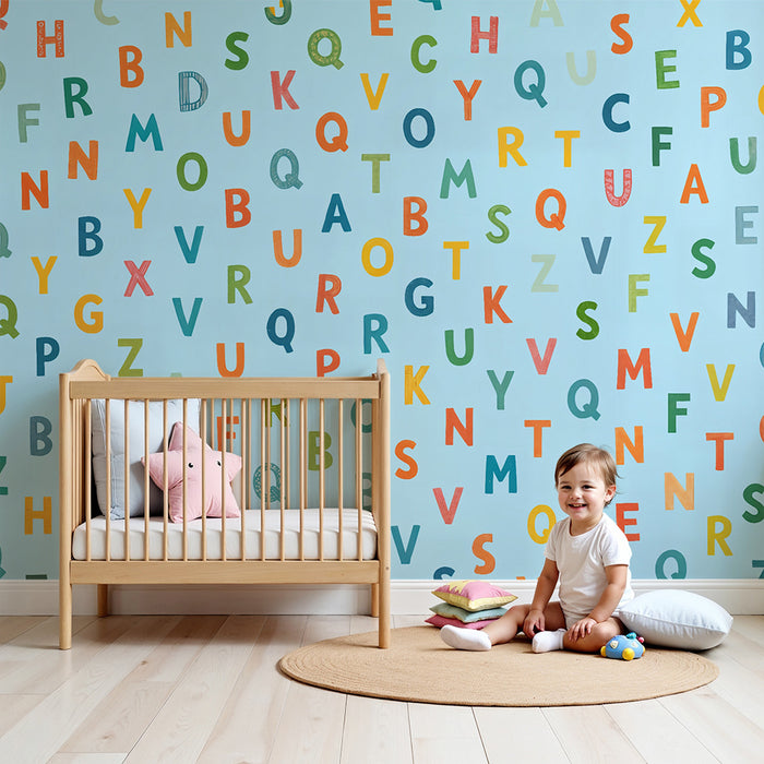 Papel pintado infantil | Alfabeto colorido en azul