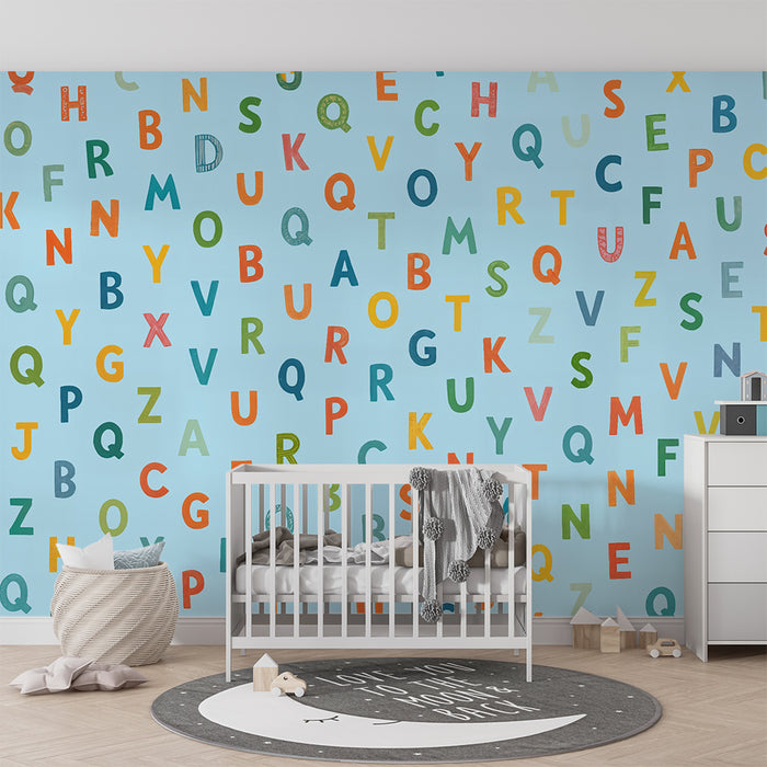 Papel pintado infantil | Alfabeto colorido en azul