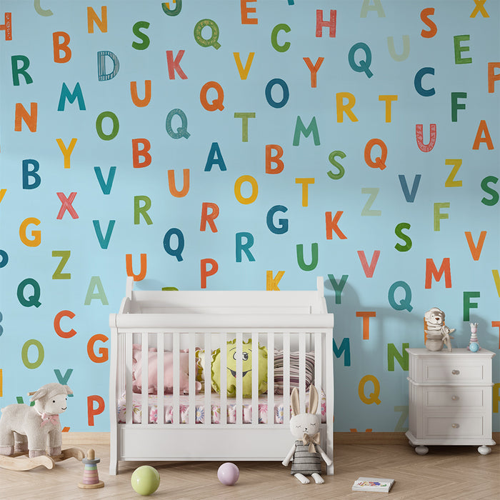 Papel pintado infantil | Alfabeto colorido en azul