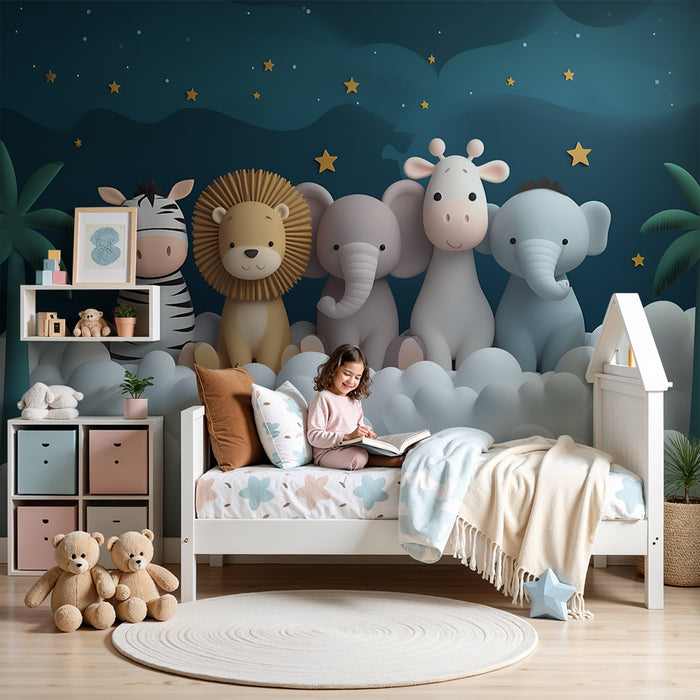 Papier peint chambre bébé | Animaux de la jungle en nuages