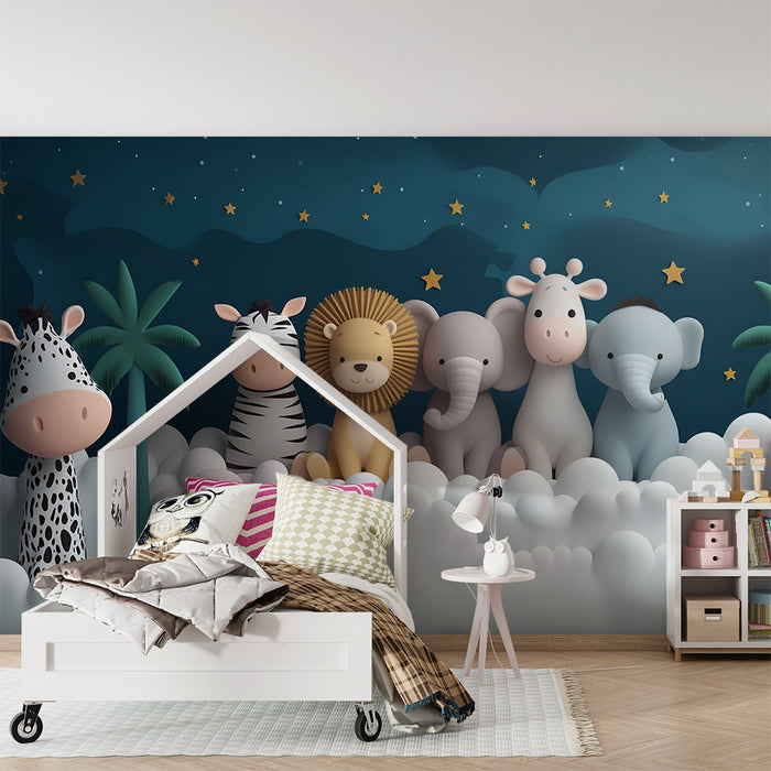 Papier peint chambre bébé | Animaux de la jungle en nuages