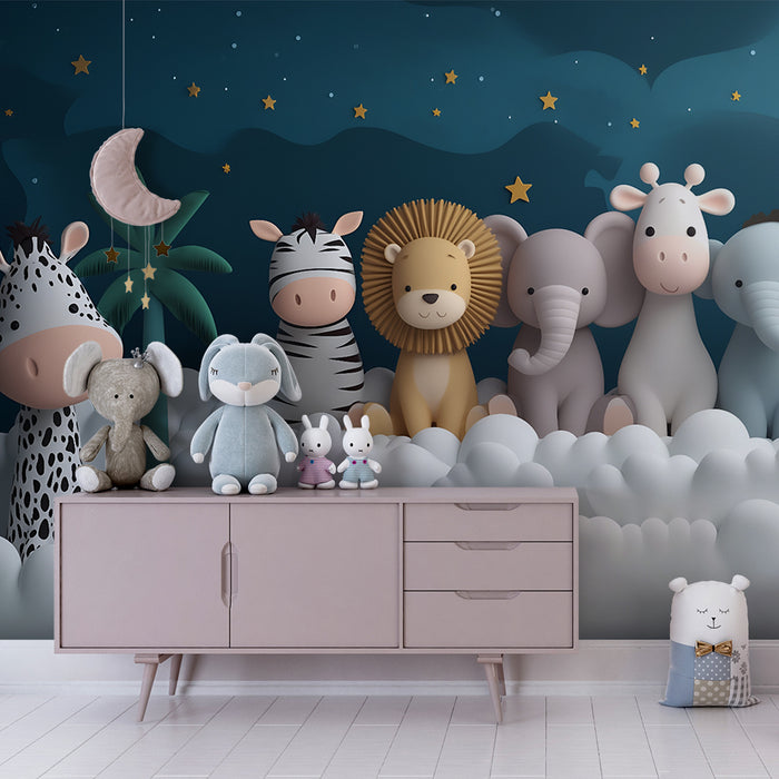 Papier peint chambre bébé | Animaux de la jungle en nuages