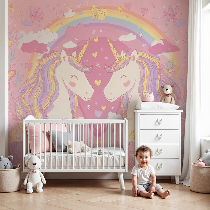 Papel pintado infantil | Unicornios y arco iris mágico