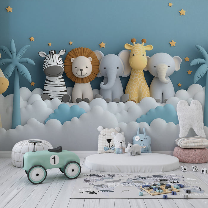 Papier peint chambre bébé | Animaux safari et nuages étoilés
