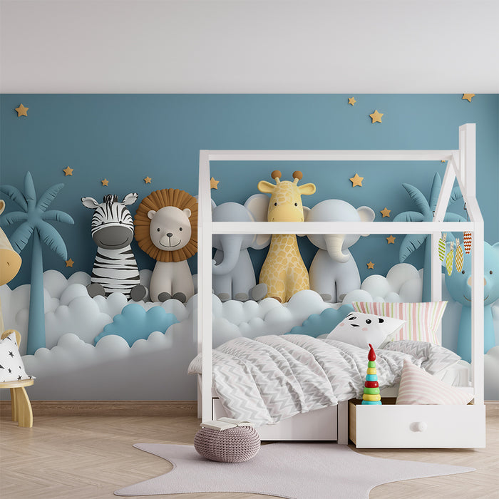 Papier peint chambre bébé | Animaux safari et nuages étoilés